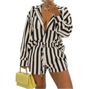 imageFloerns Womens 2 Piece Outfit Striped Long Sleeve Blouse Top with Shorts SetBlack