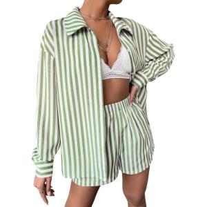 imageFloerns Womens 2 Piece Outfit Striped Long Sleeve Blouse Top with Shorts SetGreen White