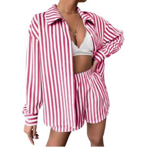 imageFloerns Womens 2 Piece Outfit Striped Long Sleeve Blouse Top with Shorts SetHot Pink White