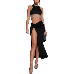 imageFloerns Womens 2 Piece Party Outfit Rhinestone Fringe Trim Tank Top Slit Skirt SetBlack