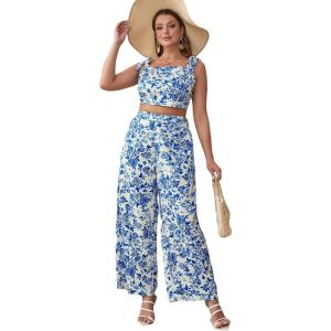 imageFloerns Womens Plus Size Floral Tie Shoulder Crop Tops Wide Leg Pants 2 Piece Summer SetsBlue Floral Plus