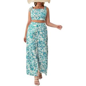 imageFloerns Womens Plus Size Floral Tie Shoulder Crop Tops Wide Leg Pants 2 Piece Summer SetsMint Blue Multi