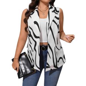 imageFloerns Womens Plus Size Houndstooth Print Colorblock Shawl Collar Vest BlazerBlack White Ivory