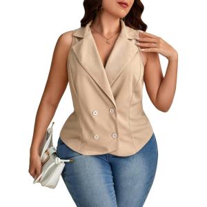 imageFloerns Womens Plus Size Lapel Collar Sleeveless Button Front Vest BlazerApricot