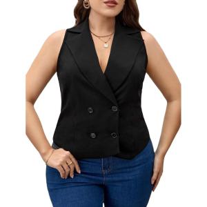 imageFloerns Womens Plus Size Lapel Collar Sleeveless Button Front Vest BlazerBlack