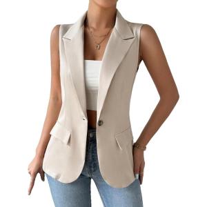 imageFloerns Womens Sleeveless Lapel Collar Neck Single Breast Vest Blazer JacketApricot