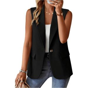 imageFloerns Womens Sleeveless Lapel Collar Neck Single Breast Vest Blazer JacketBlack