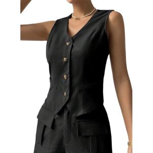 imageFloerns Womens Sleeveless V Neck Single Breasted Vest Crop Blazer Coat JacketBlack G