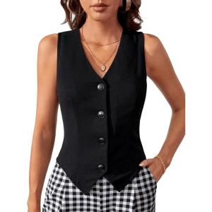 imageFloerns Womens Sleeveless V Neck Single Breasted Vest Crop Blazer Coat JacketCarbon Black