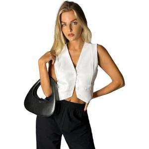 imageFloerns Womens Sleeveless V Neck Single Breasted Vest Crop Blazer Coat JacketWhite Pearl