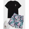 imageFloerns Mens Graphic Print T Shirt Drawstring Waist Shorts Set 2 Piece OutfitBlack Leaf Tropical