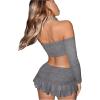 imageFloerns WomenS Knit Off Shoulder Slit Asymmetrical Hem Drawstring front 34 Sleeve Crop Top Pleated Mini Skirt SuitGrey