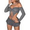 imageFloerns WomenS Knit Off Shoulder Slit Asymmetrical Hem Drawstring front 34 Sleeve Crop Top Pleated Mini Skirt SuitGrey