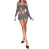imageFloerns WomenS Knit Off Shoulder Slit Asymmetrical Hem Drawstring front 34 Sleeve Crop Top Pleated Mini Skirt SuitGrey