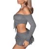 imageFloerns WomenS Knit Off Shoulder Slit Asymmetrical Hem Drawstring front 34 Sleeve Crop Top Pleated Mini Skirt SuitGrey