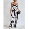 imageFloerns Womens 2 Piece Outfit Allover Print Halter Camisole Crop Top and Wide Leg Pants SetBlack and White