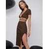 imageFloerns Womens 2 Piece Outfit Crisscross Tie Back Crop Top Split Hem Skirt SetCoffee Brown