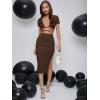 imageFloerns Womens 2 Piece Outfit Crisscross Tie Back Crop Top Split Hem Skirt SetCoffee Brown