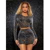 imageFloerns Womens Allover Print Long Sleeve Crop Top Bodycon Skirt 2 Piece OutfitBlack