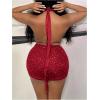 imageFloerns Womens Two Piece Outfits Rhinestone Detail Backless Tie Back Draped Halter Top Bodycon Mini SkirtBurgundy