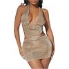 imageFloerns Womens Two Piece Outfits Rhinestone Detail Backless Tie Back Draped Halter Top Bodycon Mini SkirtChampagne