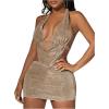 imageFloerns Womens Two Piece Outfits Rhinestone Detail Backless Tie Back Draped Halter Top Bodycon Mini SkirtChampagne