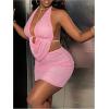 imageFloerns Womens Two Piece Outfits Rhinestone Detail Backless Tie Back Draped Halter Top Bodycon Mini SkirtPink