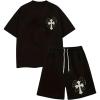 imageFloerns Mens Graphic Print T Shirt Drawstring Waist Shorts Set 2 Piece OutfitBlack Cross