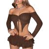 imageFloerns WomenS Knit Off Shoulder Slit Asymmetrical Hem Drawstring front 34 Sleeve Crop Top Pleated Mini Skirt SuitBrown