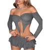 imageFloerns WomenS Knit Off Shoulder Slit Asymmetrical Hem Drawstring front 34 Sleeve Crop Top Pleated Mini Skirt SuitGrey