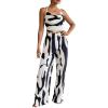 imageFloerns Womens 2 Piece Outfit Allover Print Halter Camisole Crop Top and Wide Leg Pants SetBlack and White