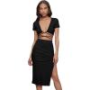 imageFloerns Womens 2 Piece Outfit Crisscross Tie Back Crop Top Split Hem Skirt SetBlack Solid