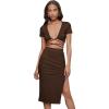 imageFloerns Womens 2 Piece Outfit Crisscross Tie Back Crop Top Split Hem Skirt SetCoffee Brown