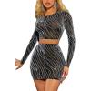 imageFloerns Womens Allover Print Long Sleeve Crop Top Bodycon Skirt 2 Piece OutfitBlack