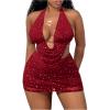 imageFloerns Womens Two Piece Outfits Rhinestone Detail Backless Tie Back Draped Halter Top Bodycon Mini SkirtBurgundy