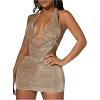imageFloerns Womens Two Piece Outfits Rhinestone Detail Backless Tie Back Draped Halter Top Bodycon Mini SkirtChampagne