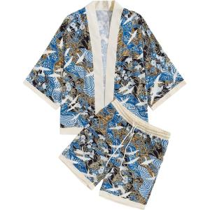 imageFloerns Mens 2 Piece Outfit Printed Kimono Tops with Drawstring Shorts SetMulticolor