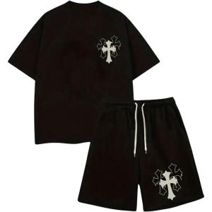 imageFloerns Mens Graphic Print T Shirt Drawstring Waist Shorts Set 2 Piece OutfitBlack Cross