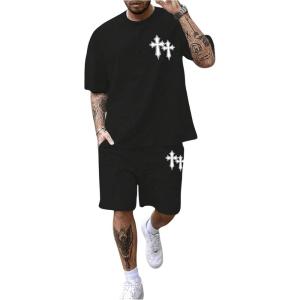 imageFloerns Mens Graphic Print T Shirt Drawstring Waist Shorts Set 2 Piece OutfitBlack Ink Cross
