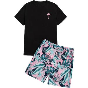 imageFloerns Mens Graphic Print T Shirt Drawstring Waist Shorts Set 2 Piece OutfitBlack Leaf Tropical