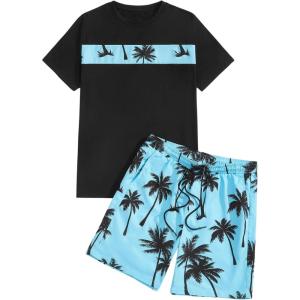 imageFloerns Mens Graphic Print T Shirt Drawstring Waist Shorts Set 2 Piece OutfitMint Blue