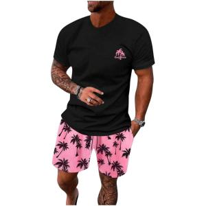 imageFloerns Mens Graphic Print T Shirt Drawstring Waist Shorts Set 2 Piece OutfitPink Tropical