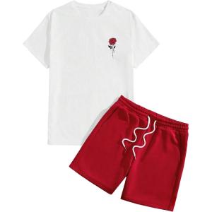 imageFloerns Mens Graphic Print T Shirt Drawstring Waist Shorts Set 2 Piece OutfitRed Floral