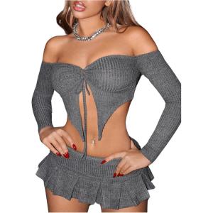 imageFloerns WomenS Knit Off Shoulder Slit Asymmetrical Hem Drawstring front 34 Sleeve Crop Top Pleated Mini Skirt SuitGrey