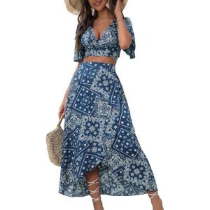 imageFloerns Womens 2 Piece Boho Twist Front Top and High Split Maxi Skirt SetBlue and White