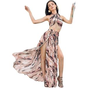 imageFloerns Womens 2 Piece Boho Twist Front Top and High Split Maxi Skirt SetBrown Multi