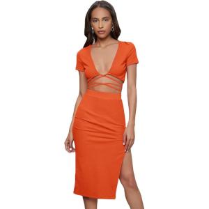 imageFloerns Womens 2 Piece Outfit Crisscross Tie Back Crop Top Split Hem Skirt SetOrange