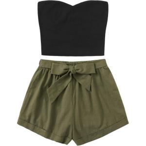 imageFloerns Womens 2 Piece Outfit Summer Plain Tube Crop Top with ShortsA Multi