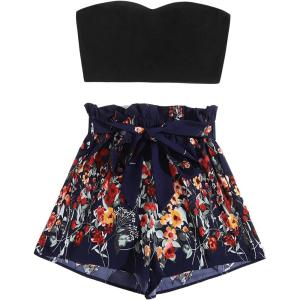 imageFloerns Womens 2 Piece Outfit Summer Plain Tube Crop Top with ShortsBlack Floral