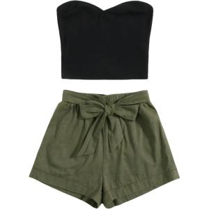 imageFloerns Womens 2 Piece Outfit Summer Plain Tube Crop Top with ShortsBlack Green